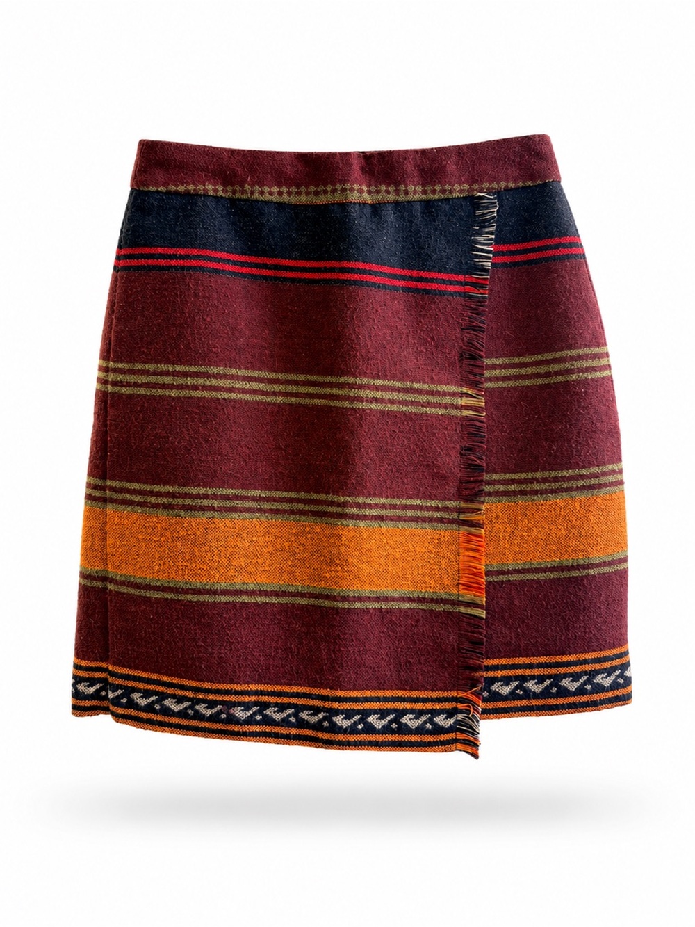 LOFT Southwestern Blanket Fringe Faux Wrap Mini Skirt Burgundy Orange Size 0P